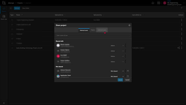 Zdieľanie – s ďalšími používateľmi alebo tímami EPLAN Collaboration Apps sharing with users or teams